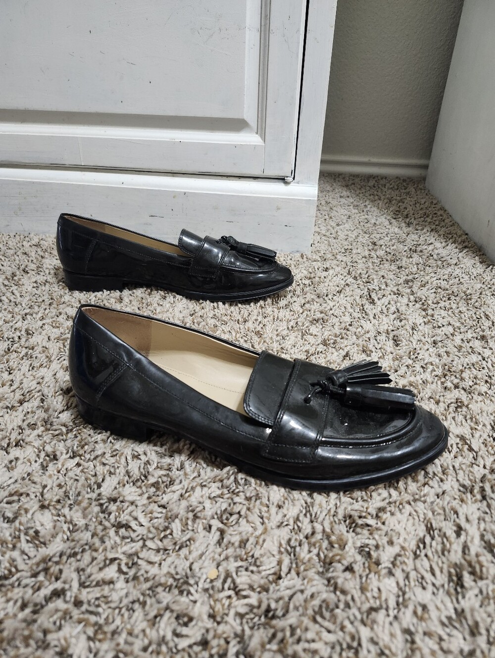 Via Spiga Black Patent Leather Tassel Loafers Shoes Italian Leather 38